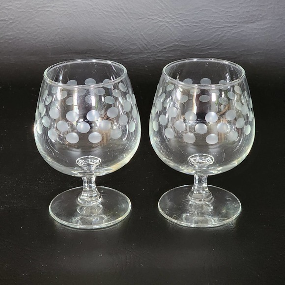 Pair of Vintage Etched Polka Dot Crystal Brandy Glasses Snifters - Picture 2 of 10